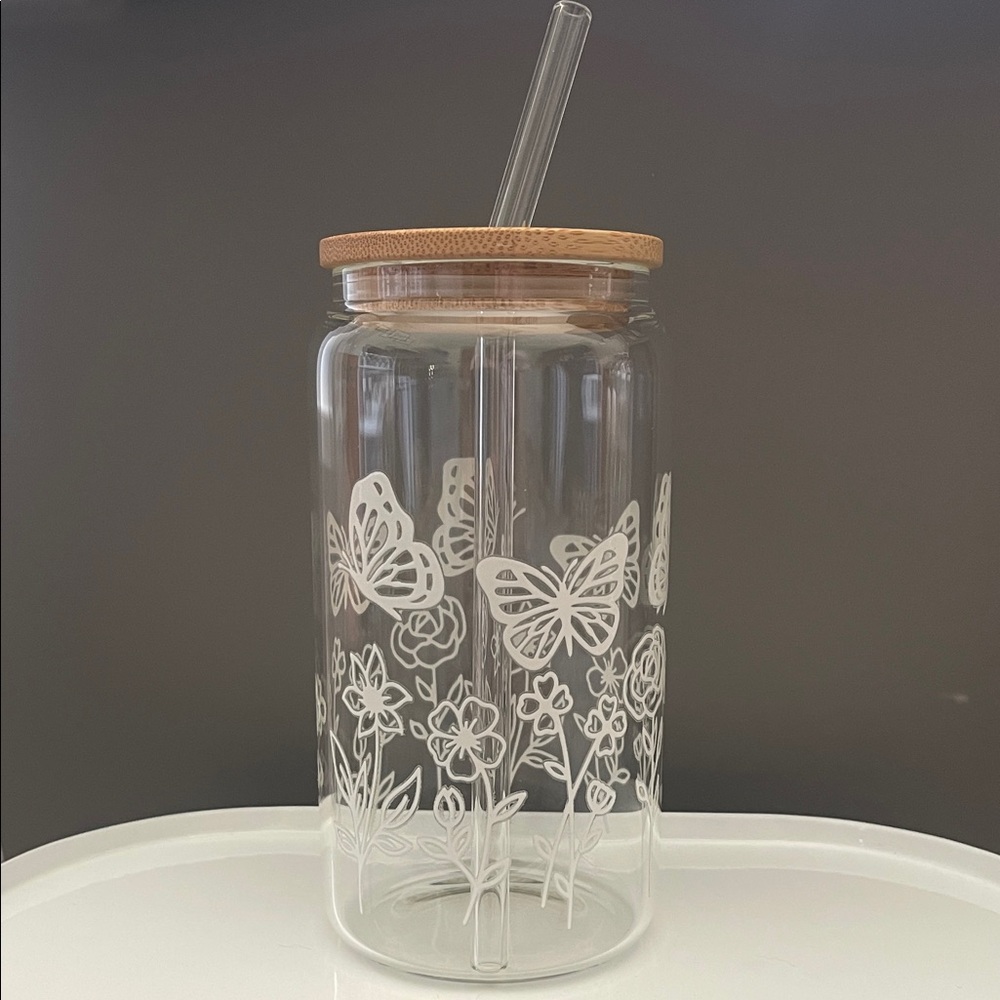 Glass Tumbler with Bamboo Lid and Straw